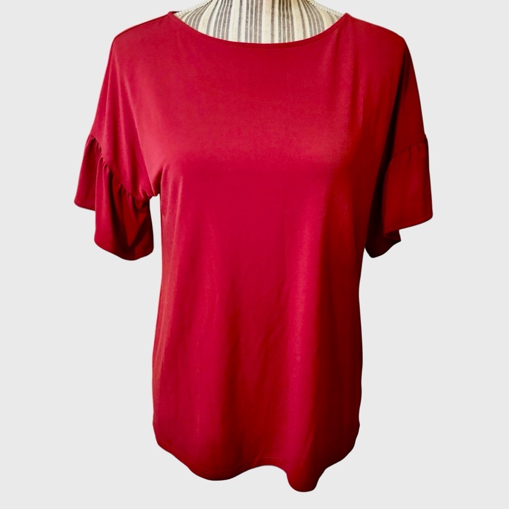 Michael Kors Top Small Red Short Ruffled Sleeves Poly Spandex Comfy Stretch